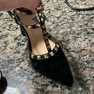 Studded velvet cage heels